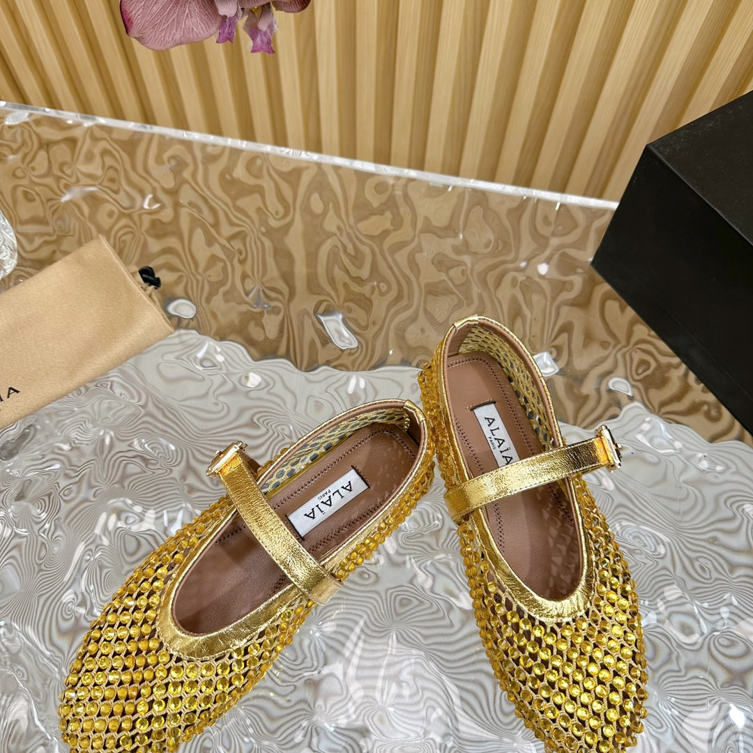 alaia ballet flat stud in fishnet gold metalic lambskin