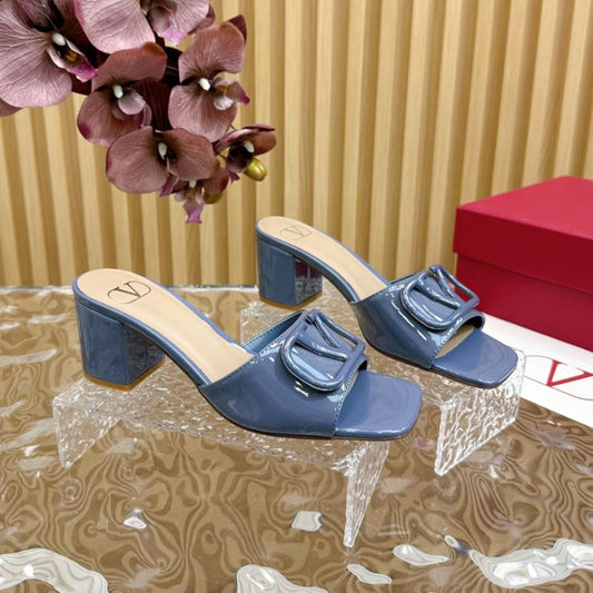 VLOGO SIGNATURE HIGH SHINE OPEN TOE SANDALS 60 MM IN PEGEON BLUE CALFSKIN