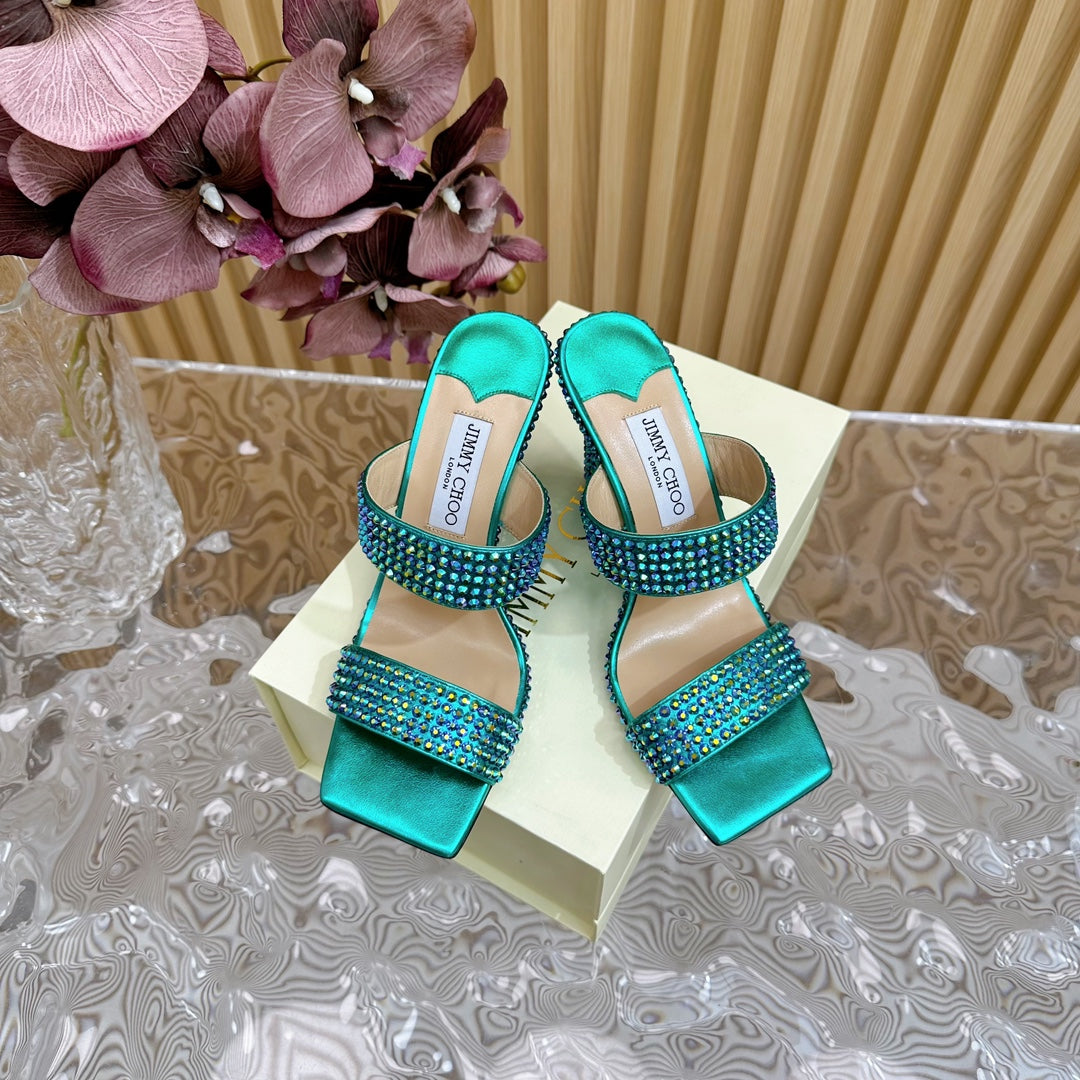 Jimmy High Sandal 105mm In Duck Neck Blue Lambskin With Stone 581545