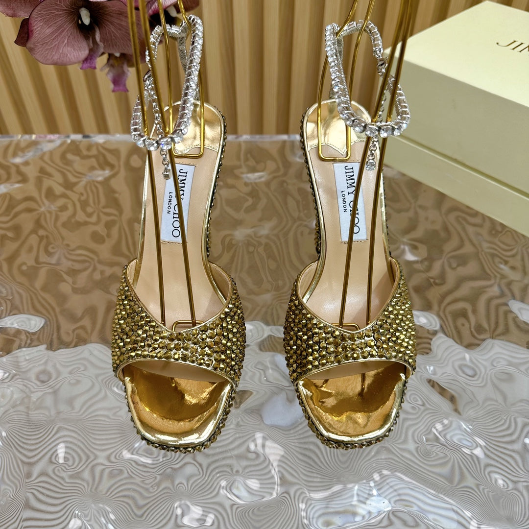 Jimmy Sandal 130mm In Gold Lambskin With Stone 581555