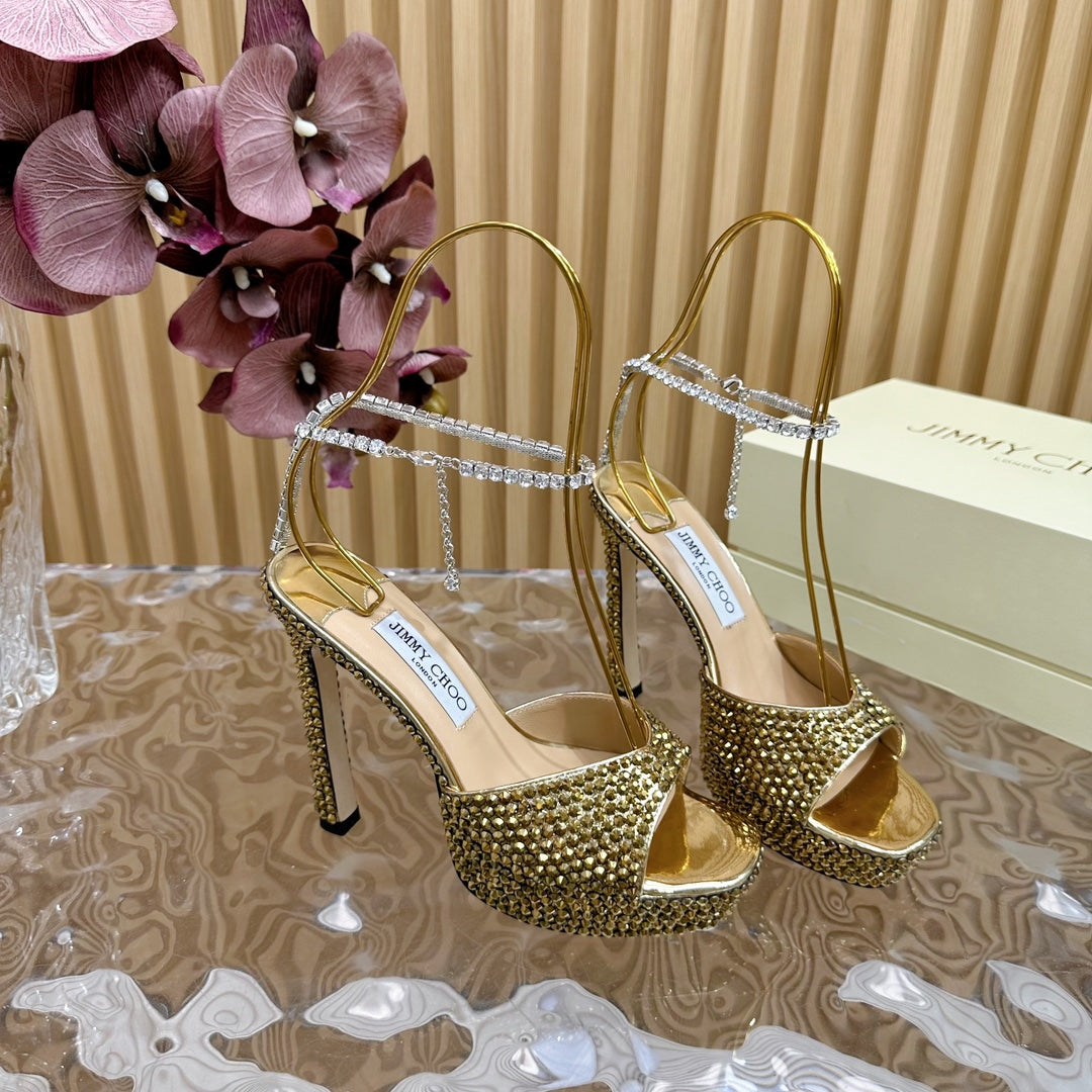 Jimmy Sandal 130mm In Gold Lambskin With Stone 581555