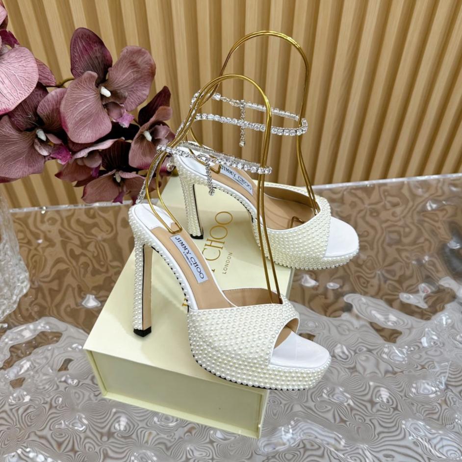 Jimmy Sandal 130mm In White Pearl Studded Lambskin 581557