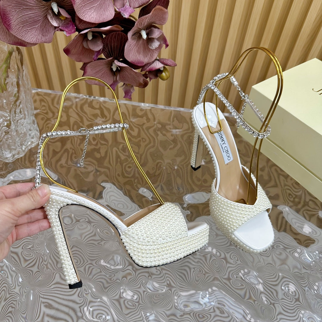 Jimmy Sandal 130mm In White Pearl Studded Lambskin 581557