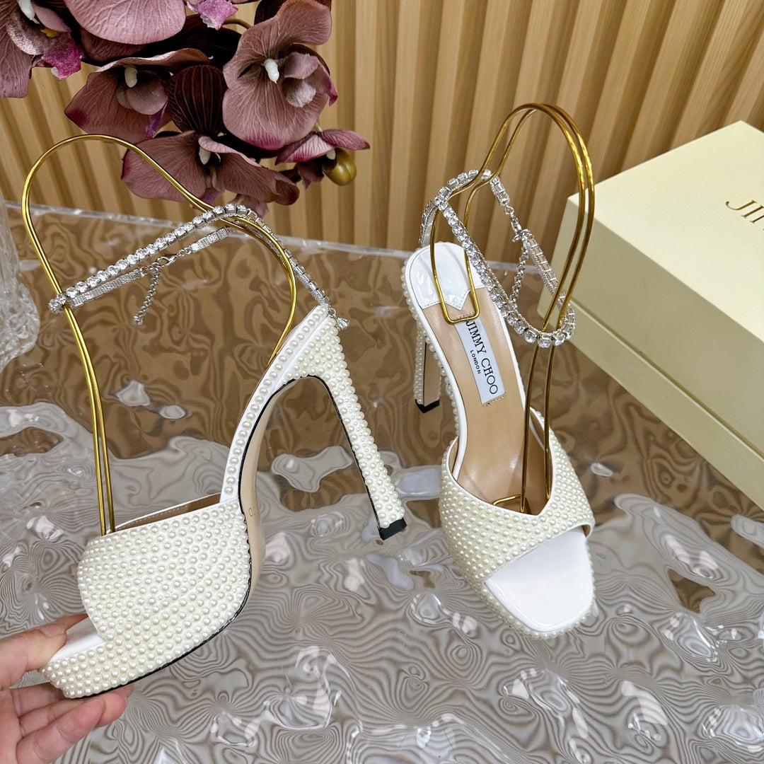 Jimmy Sandal 130mm In White Pearl Studded Lambskin 581557