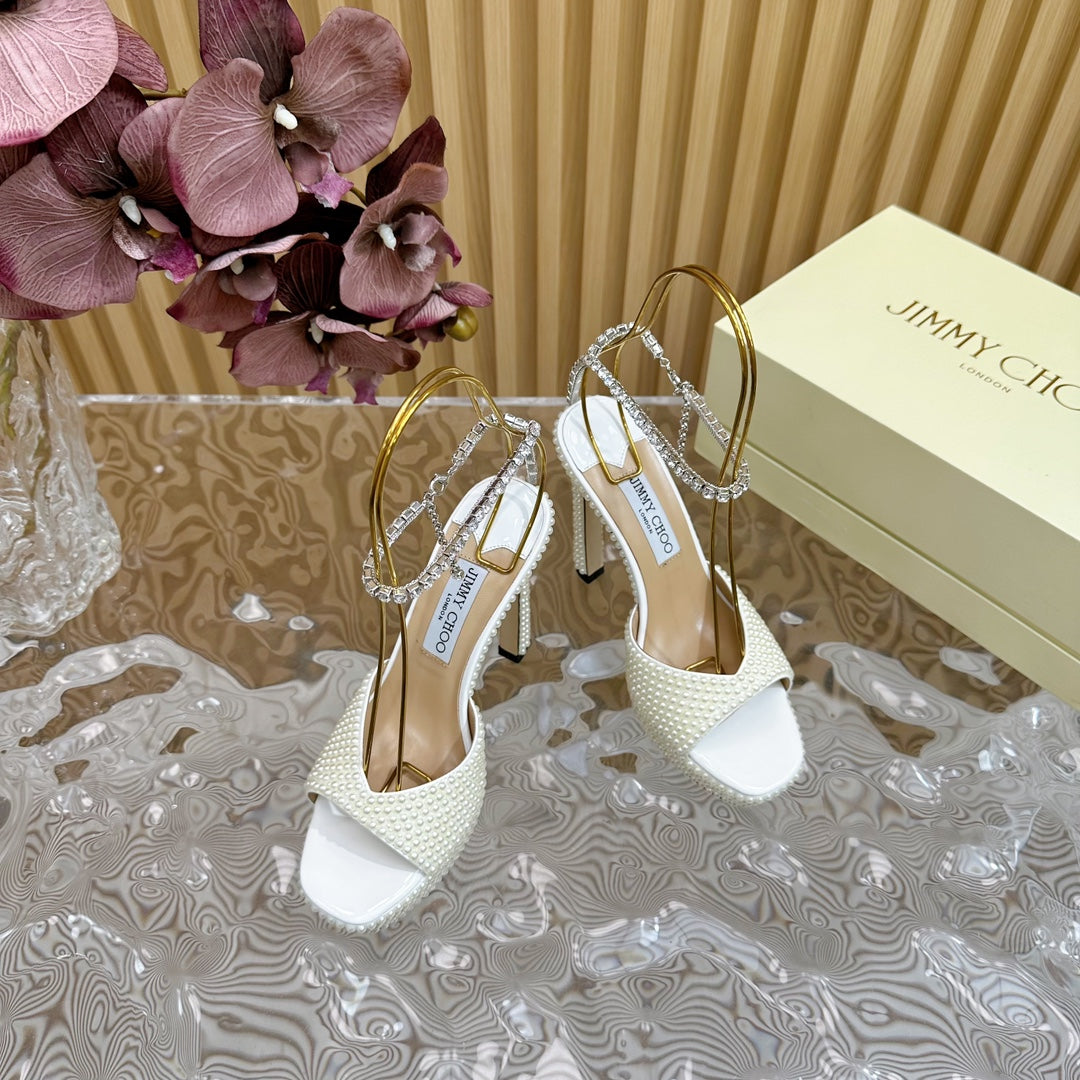 Jimmy Sandal 130mm In White Pearl Studded Lambskin 581557