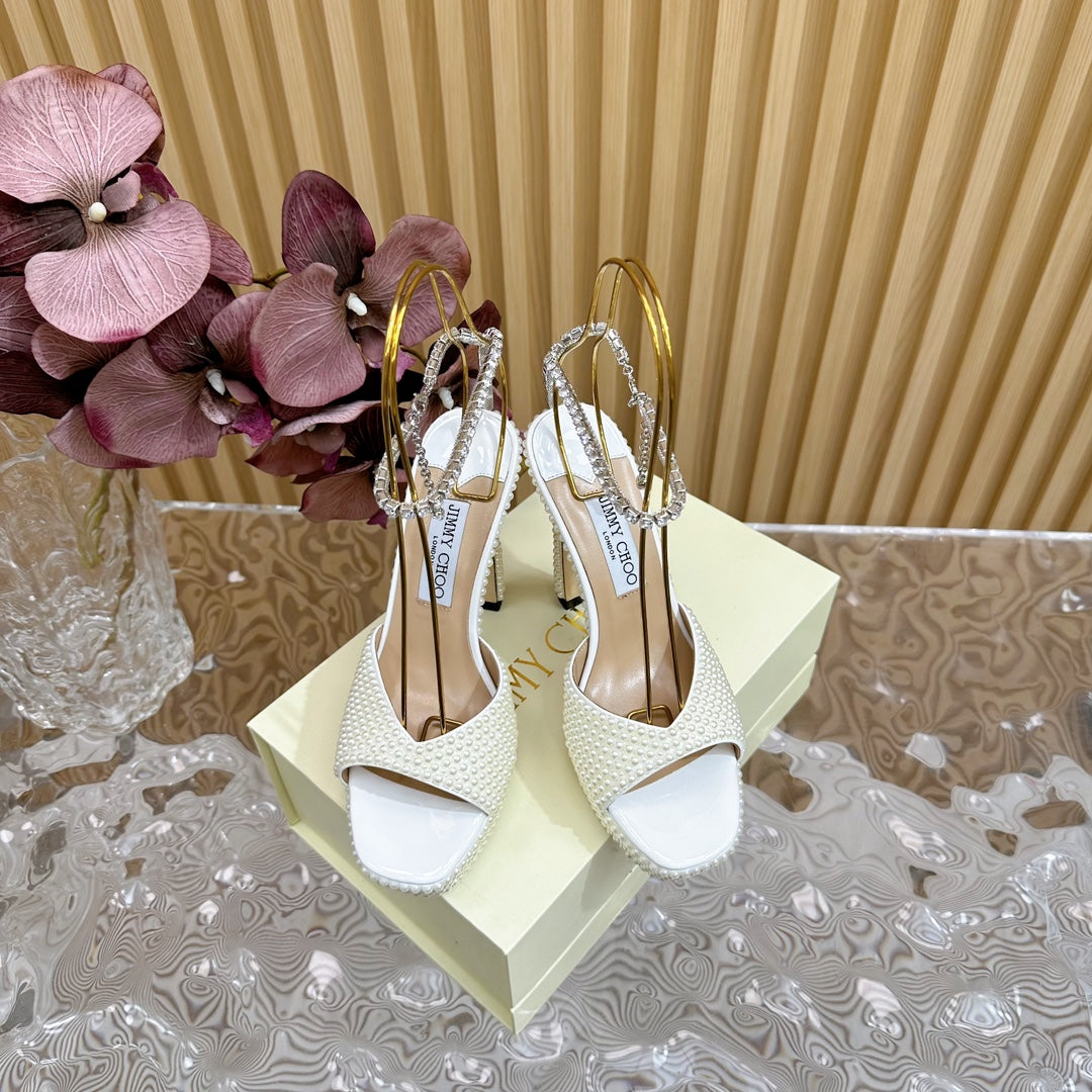 Jimmy Sandal 130mm In White Pearl Studded Lambskin 581557