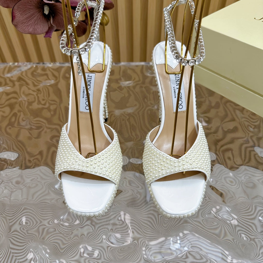 Jimmy Sandal 130mm In White Pearl Studded Lambskin 581557