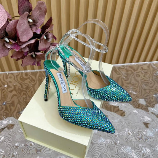 Jimmy Saeda 105 In Duck Neck Green Pearl Studded Lambskin Pumps 581503