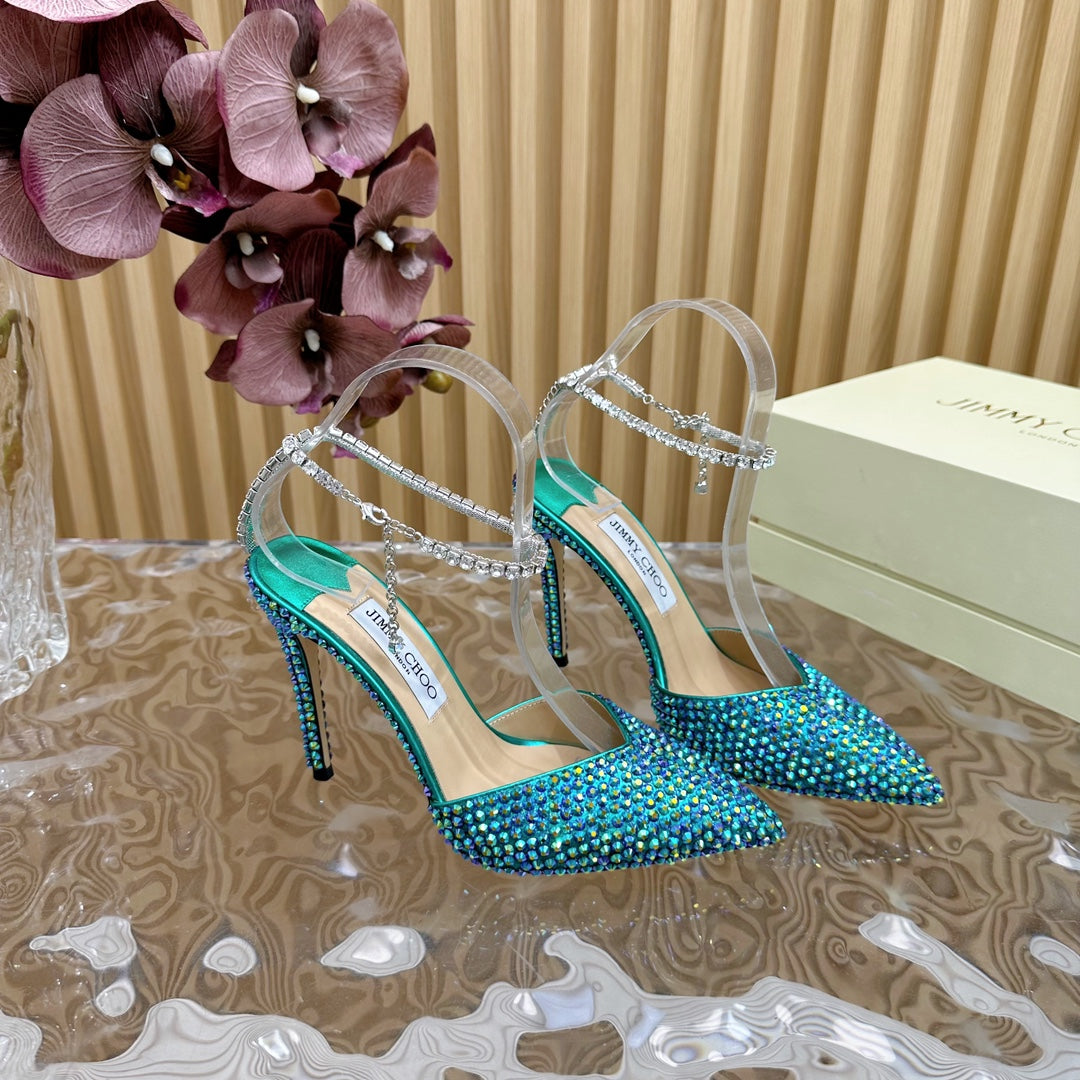 Jimmy Saeda 105 In Duck Neck Green Pearl Studded Lambskin Pumps 581503