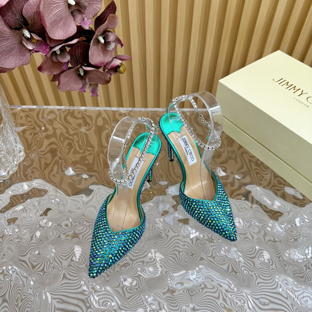 Jimmy Saeda 105 In Duck Neck Green Pearl Studded Lambskin Pumps 581503