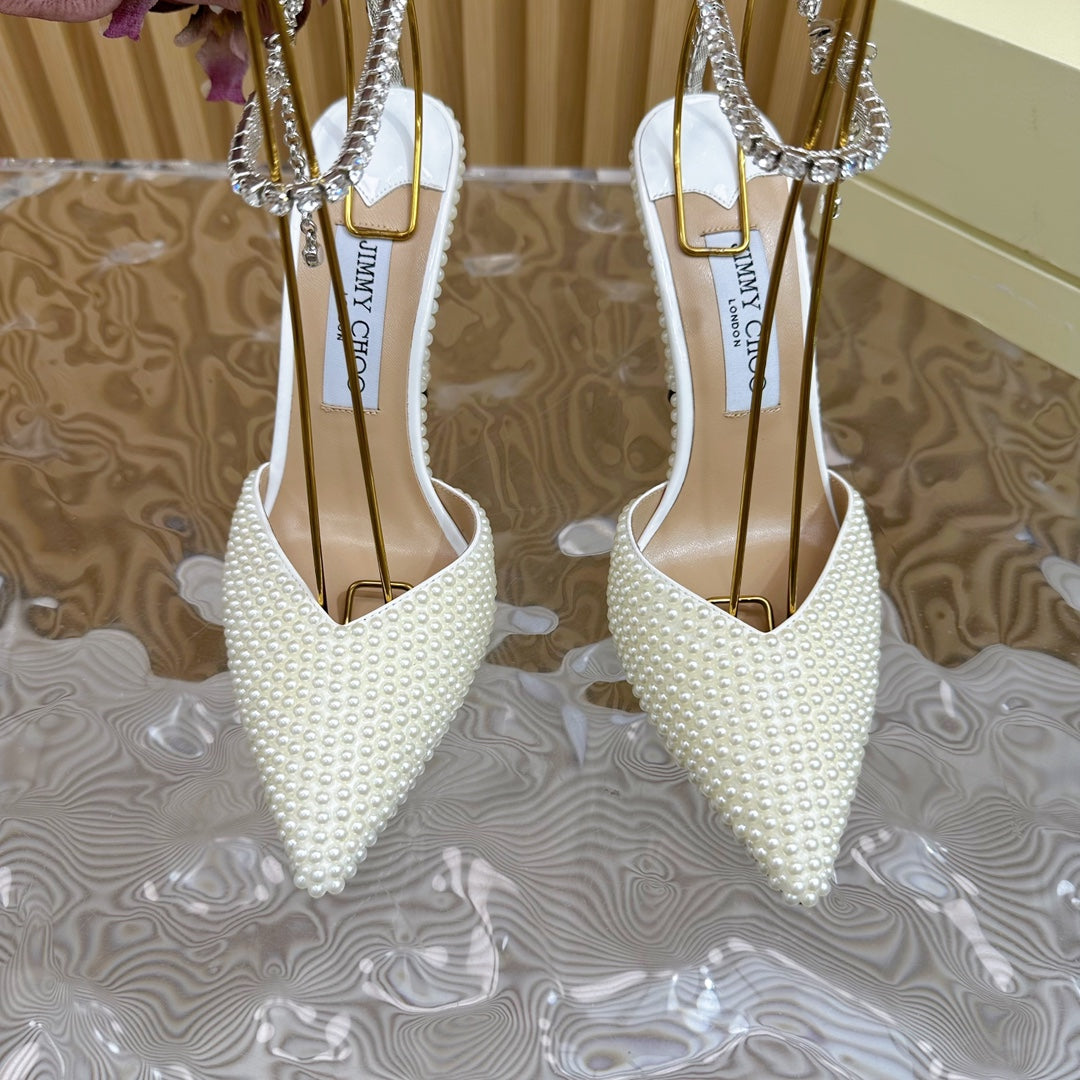 Jimmy Saeda 105 In White Pearl Studded Lambskin Pumps 581507