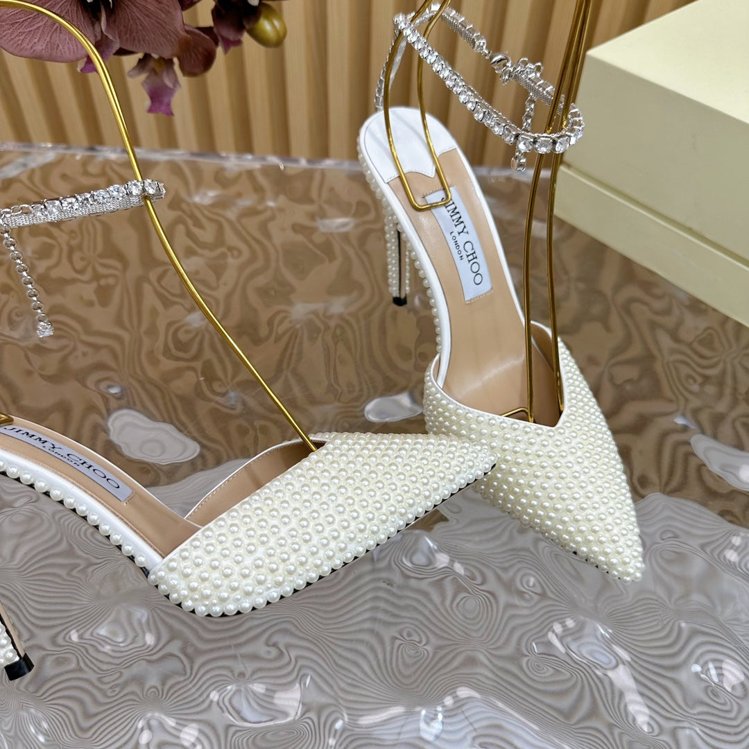 Jimmy Saeda 105 In White Pearl Studded Lambskin Pumps 581507