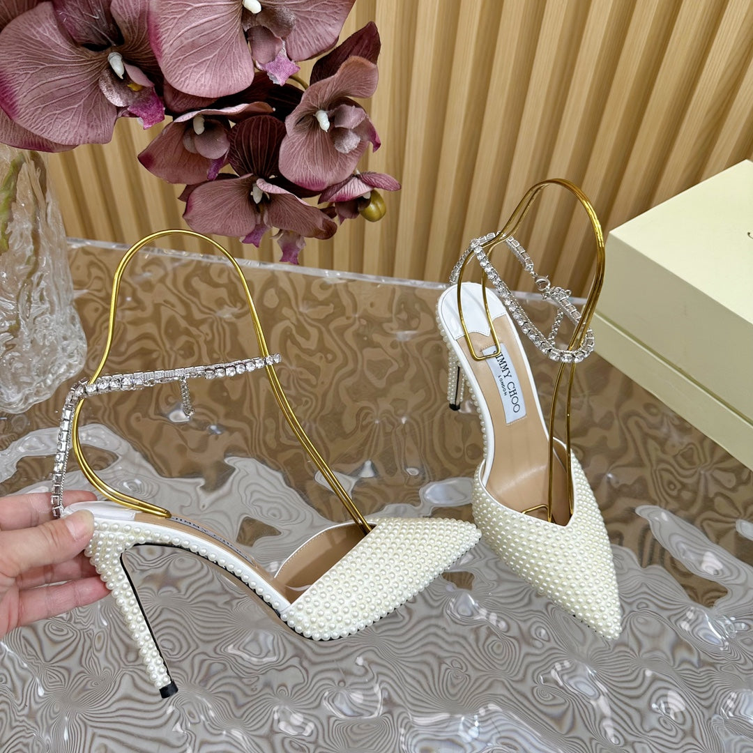 Jimmy Saeda 105 In White Pearl Studded Lambskin Pumps 581507