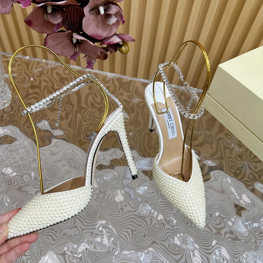 Jimmy Saeda 105 In White Pearl Studded Lambskin Pumps 581507