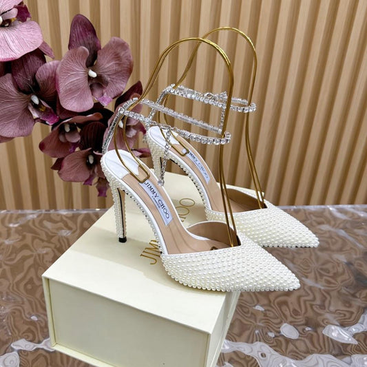 Jimmy Saeda 105 In White Pearl Studded Lambskin Pumps 581507