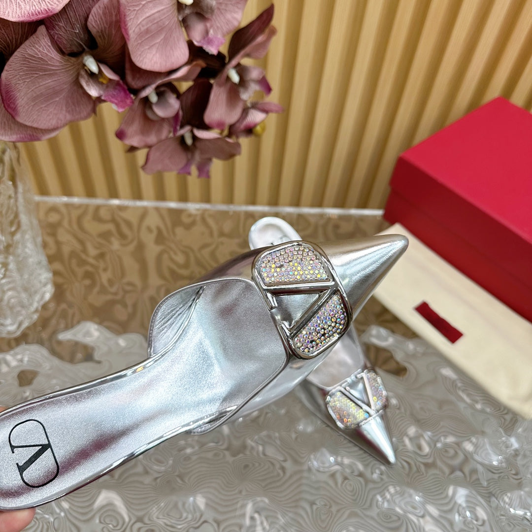 Vlogo Signature with Crystals Slingback Pump 70 Silver Calfskin