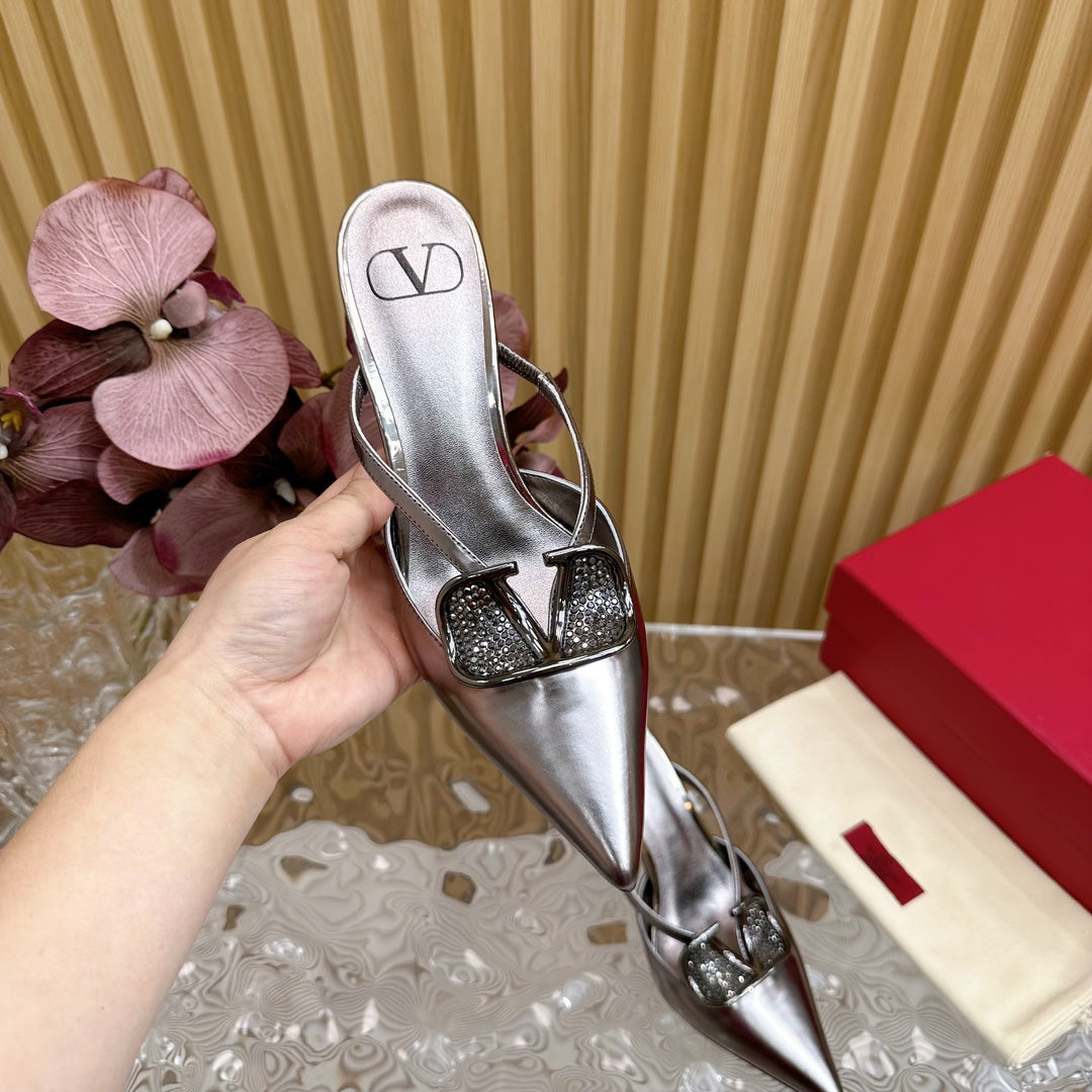 Vlogo Signature with Crystals Cut-Out Slingback Pump 70 Dark Silver Calfskin