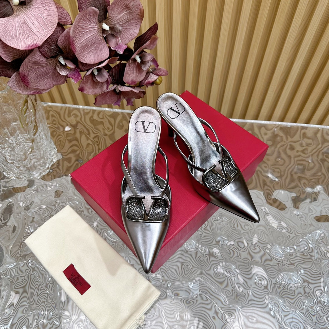 Vlogo Signature with Crystals Cut-Out Slingback Pump 70 Dark Silver Calfskin