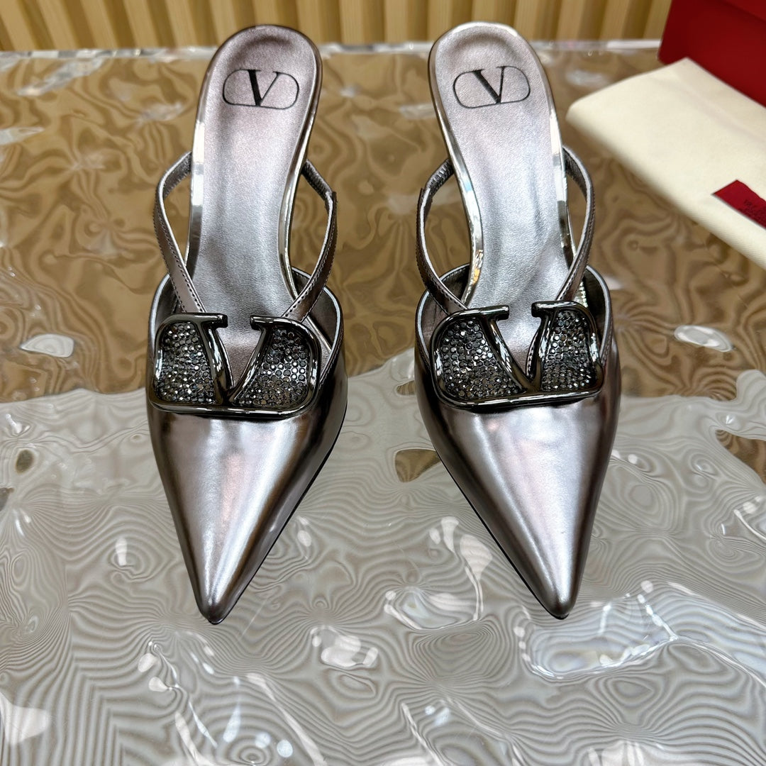 Vlogo Signature with Crystals Cut-Out Slingback Pump 70 Dark Silver Calfskin