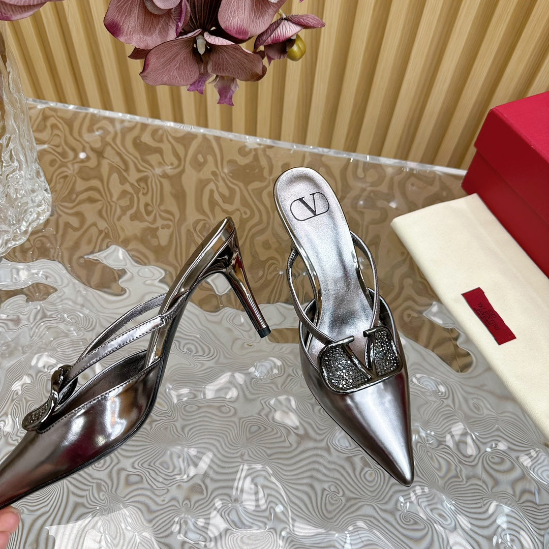 Vlogo Signature with Crystals Cut-Out Slingback Pump 70 Dark Silver Calfskin