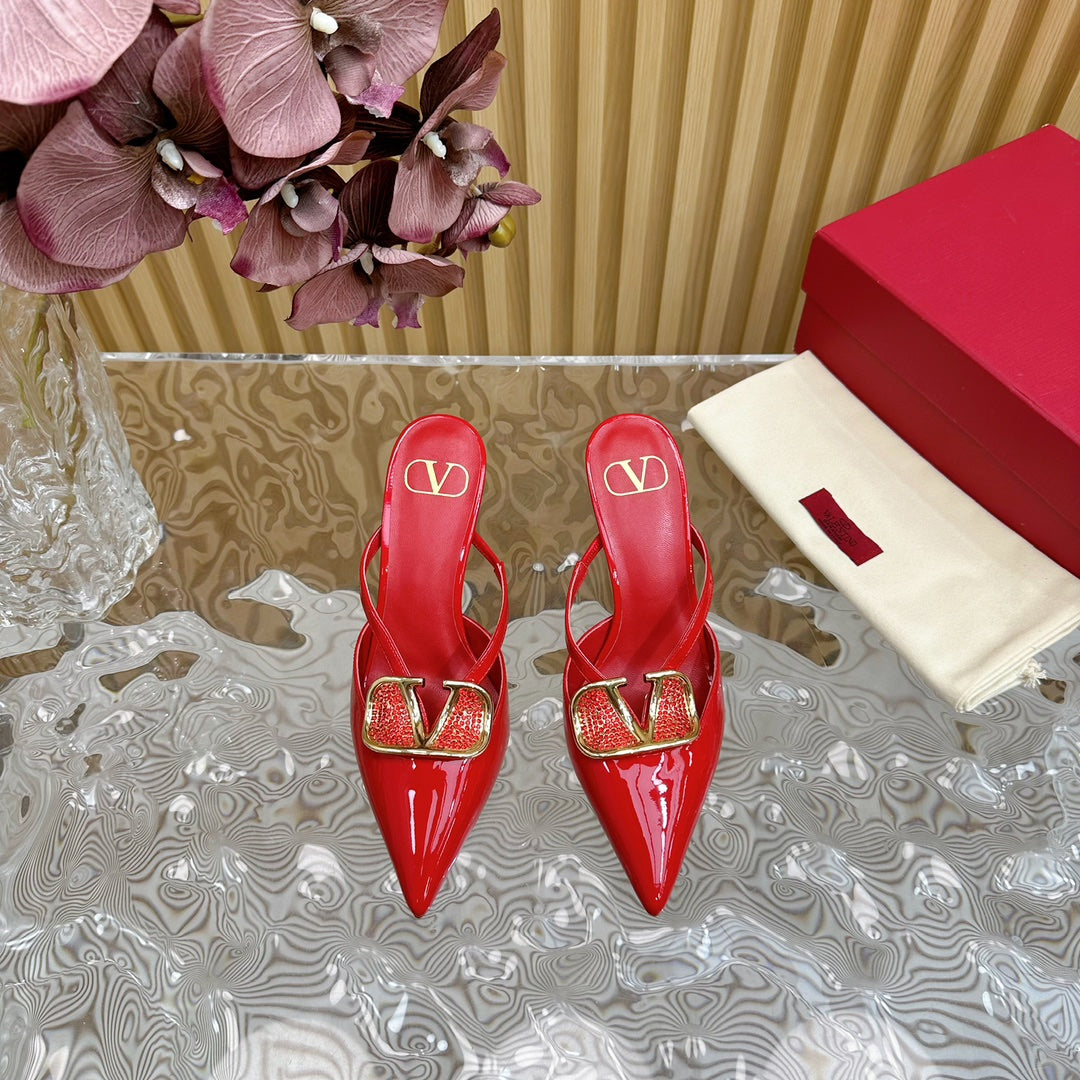 Vlogo Signature with Crystals Cut-Out Slingback Pump 70 Red Calfskin