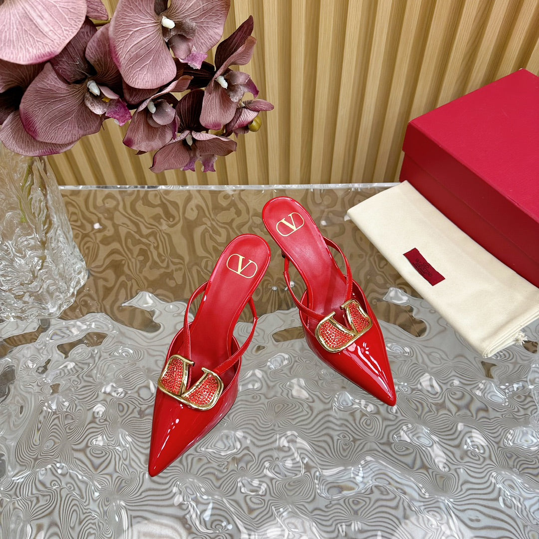 Vlogo Signature with Crystals Cut-Out Slingback Pump 70 Red Calfskin