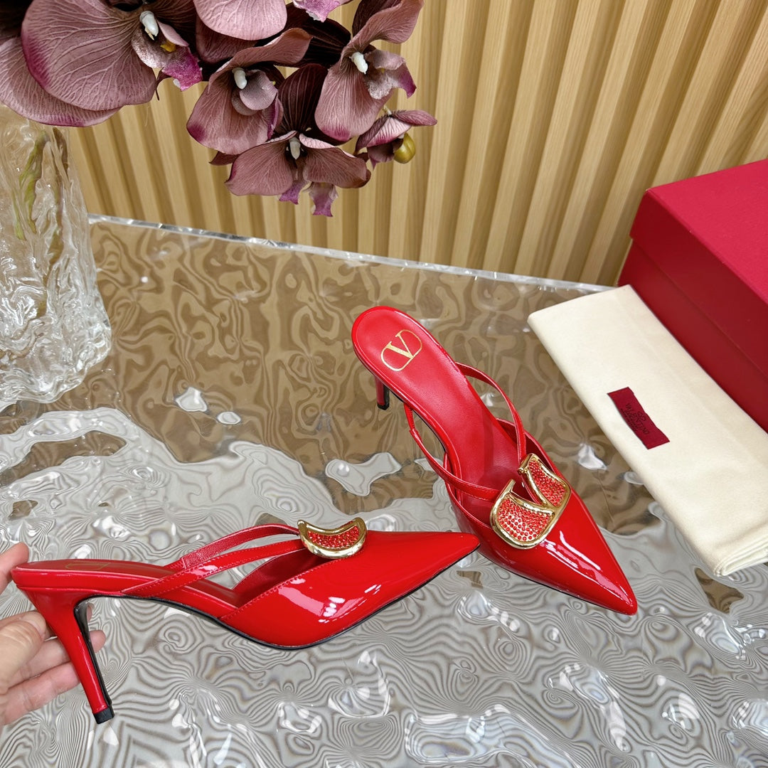 Vlogo Signature with Crystals Cut-Out Slingback Pump 70 Red Calfskin