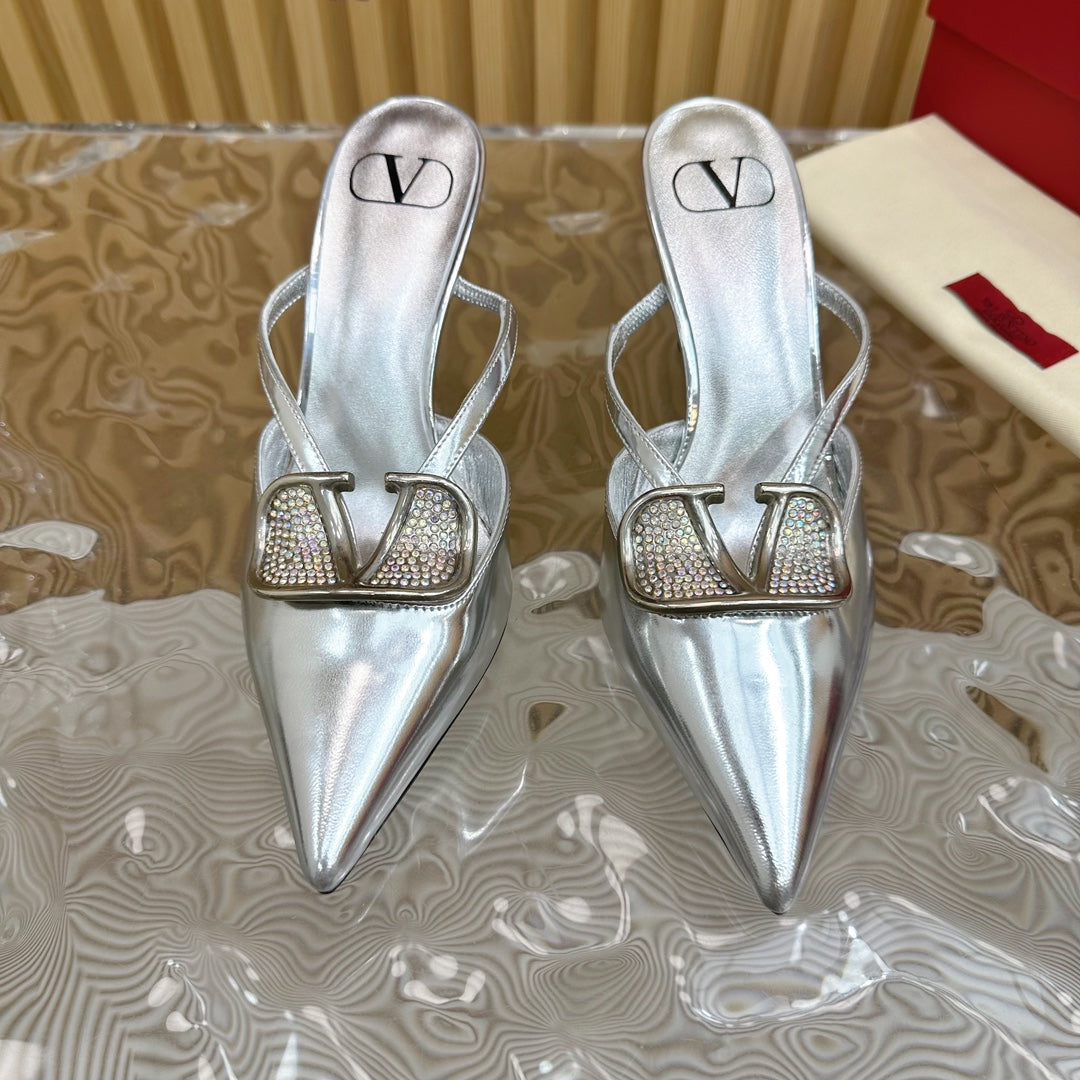 Vlogo Signature with Crystals Cut-Out Slingback Pump 70 Silver Calfskin