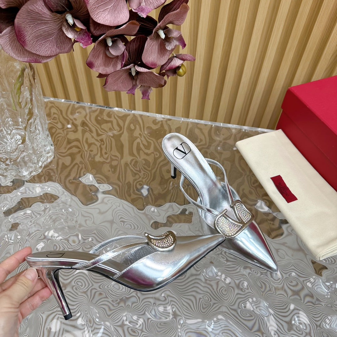 Vlogo Signature with Crystals Cut-Out Slingback Pump 70 Silver Calfskin