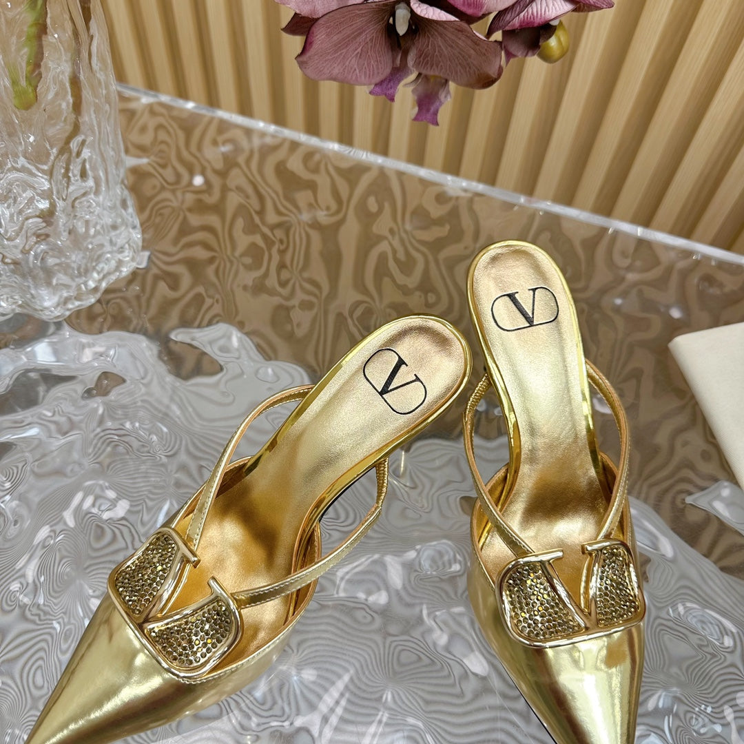 Vlogo Signature with Crystals Cut-Out Slingback Pump 70 Gold Calfskin