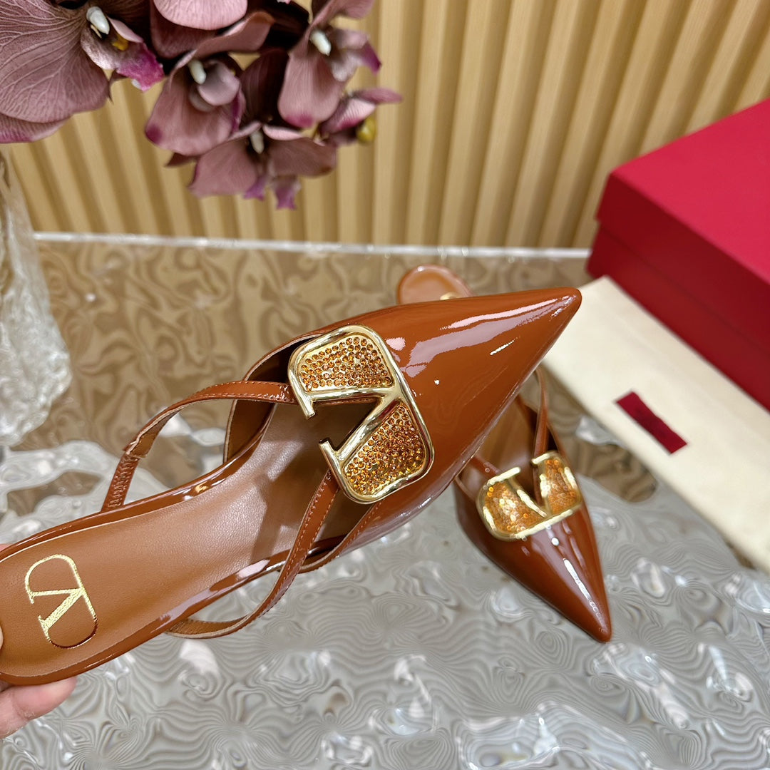 Vlogo Signature with Crystals Cut-Out Slingback Pump 70 Brown Calfskin