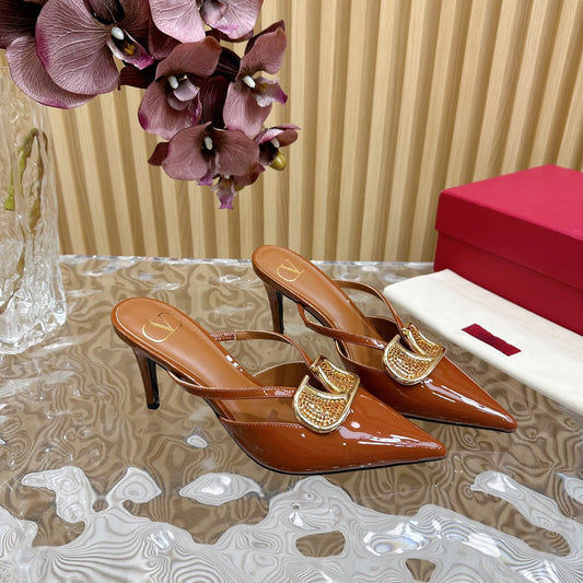 Vlogo Signature with Crystals Cut-Out Slingback Pump 70 Brown Calfskin