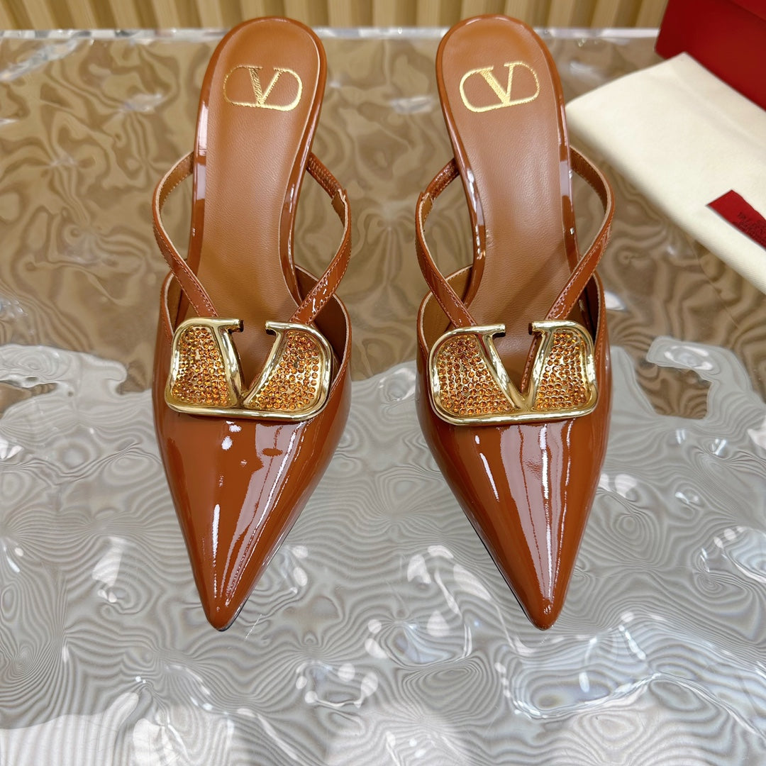 Vlogo Signature with Crystals Cut-Out Slingback Pump 70 Brown Calfskin