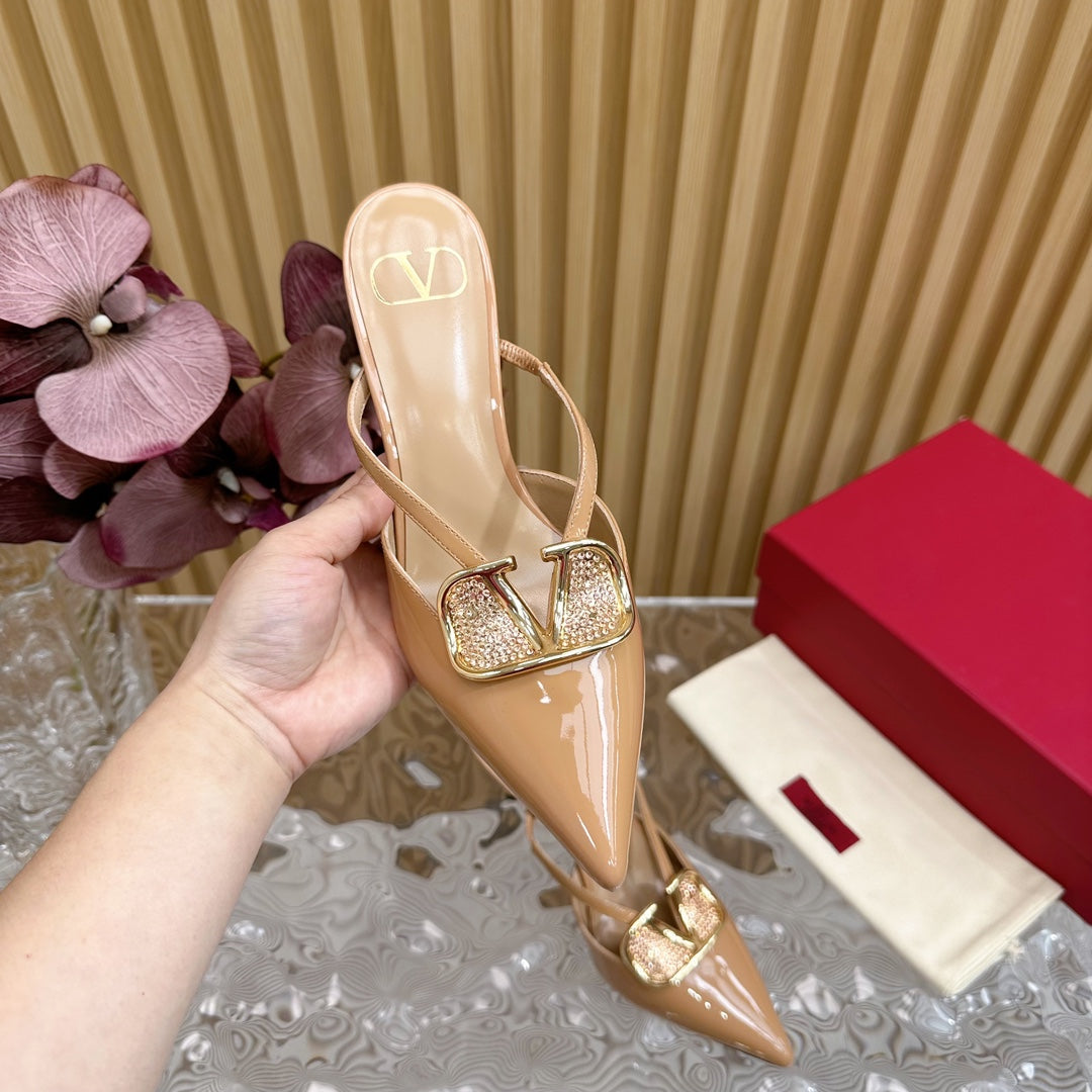 Vlogo Signature with Crystals Cut-Out Slingback Pump 70 Beige Calfskin