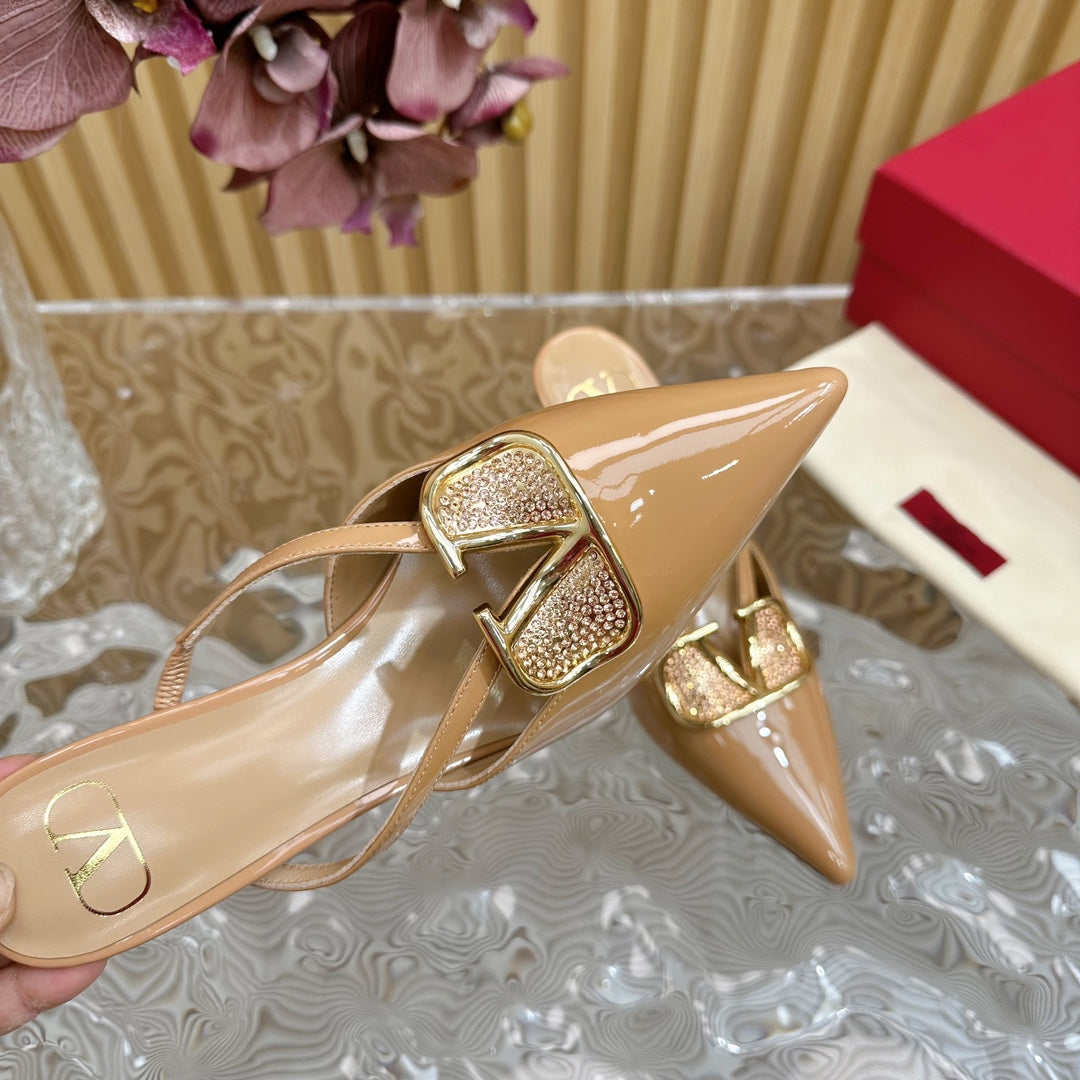 Vlogo Signature with Crystals Cut-Out Slingback Pump 70 Beige Calfskin