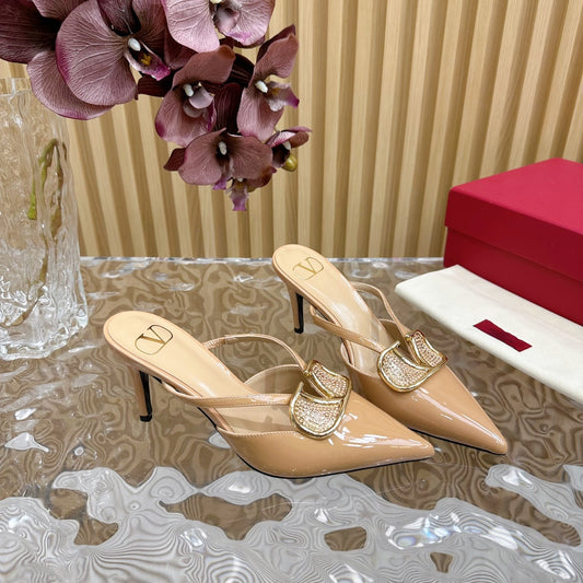 Vlogo Signature with Crystals Cut-Out Slingback Pump 70 Beige Calfskin