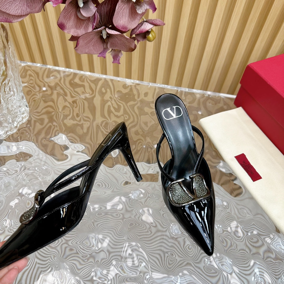 Vlogo Signature with Crystals Cut-Out Slingback Pump 70 Black Calfskin