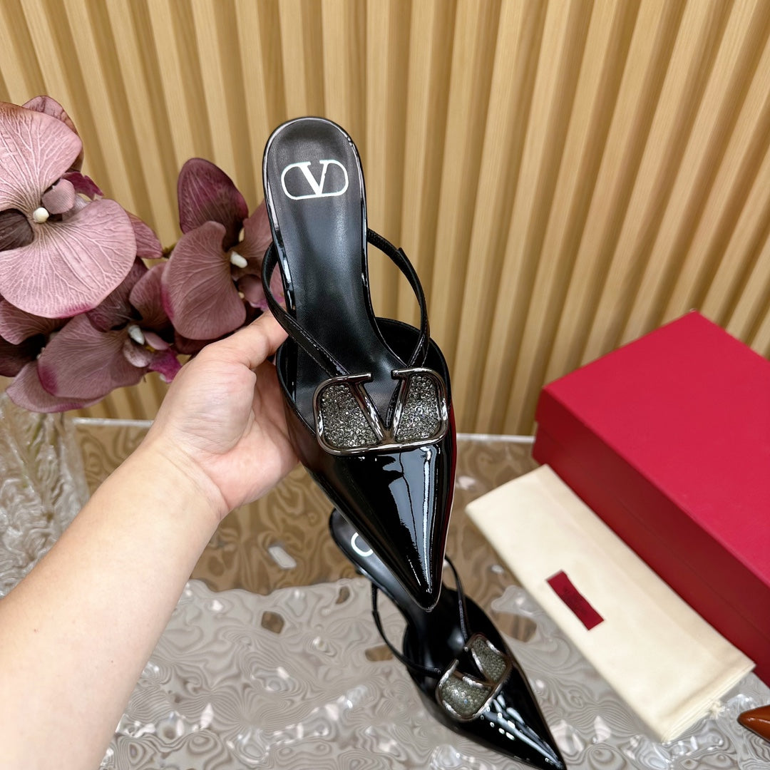 Vlogo Signature with Crystals Cut-Out Slingback Pump 70 Black Calfskin