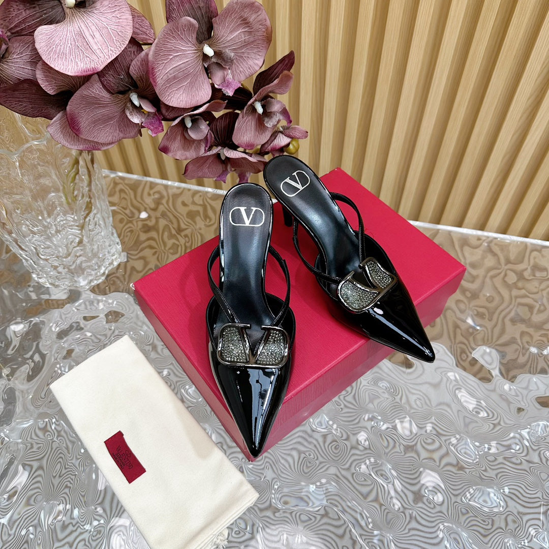 Vlogo Signature with Crystals Cut-Out Slingback Pump 70 Black Calfskin