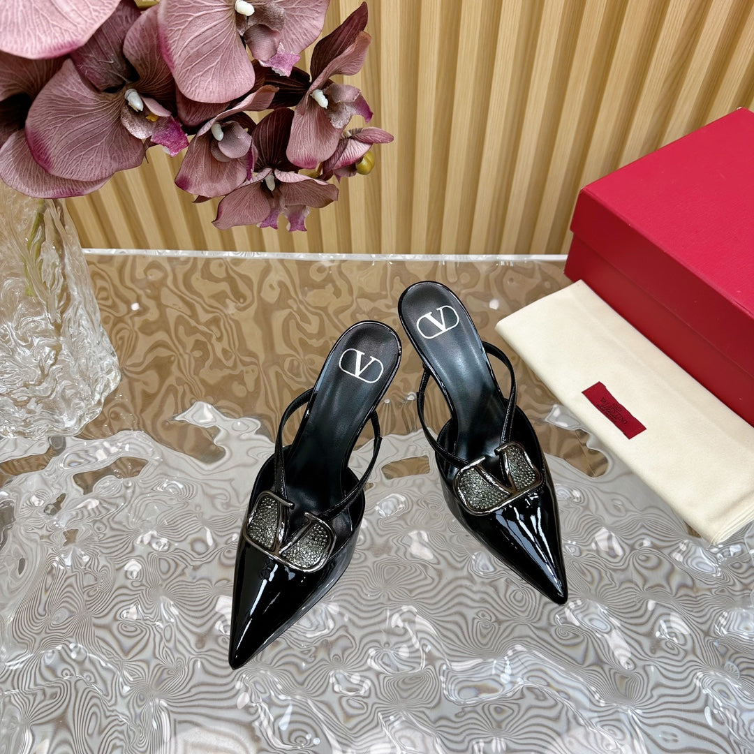 Vlogo Signature with Crystals Cut-Out Slingback Pump 70 Black Calfskin