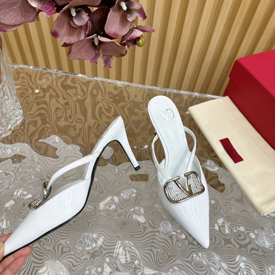 Vlogo Signature with Crystals Cut-Out Slingback Pump 70 White Calfskin