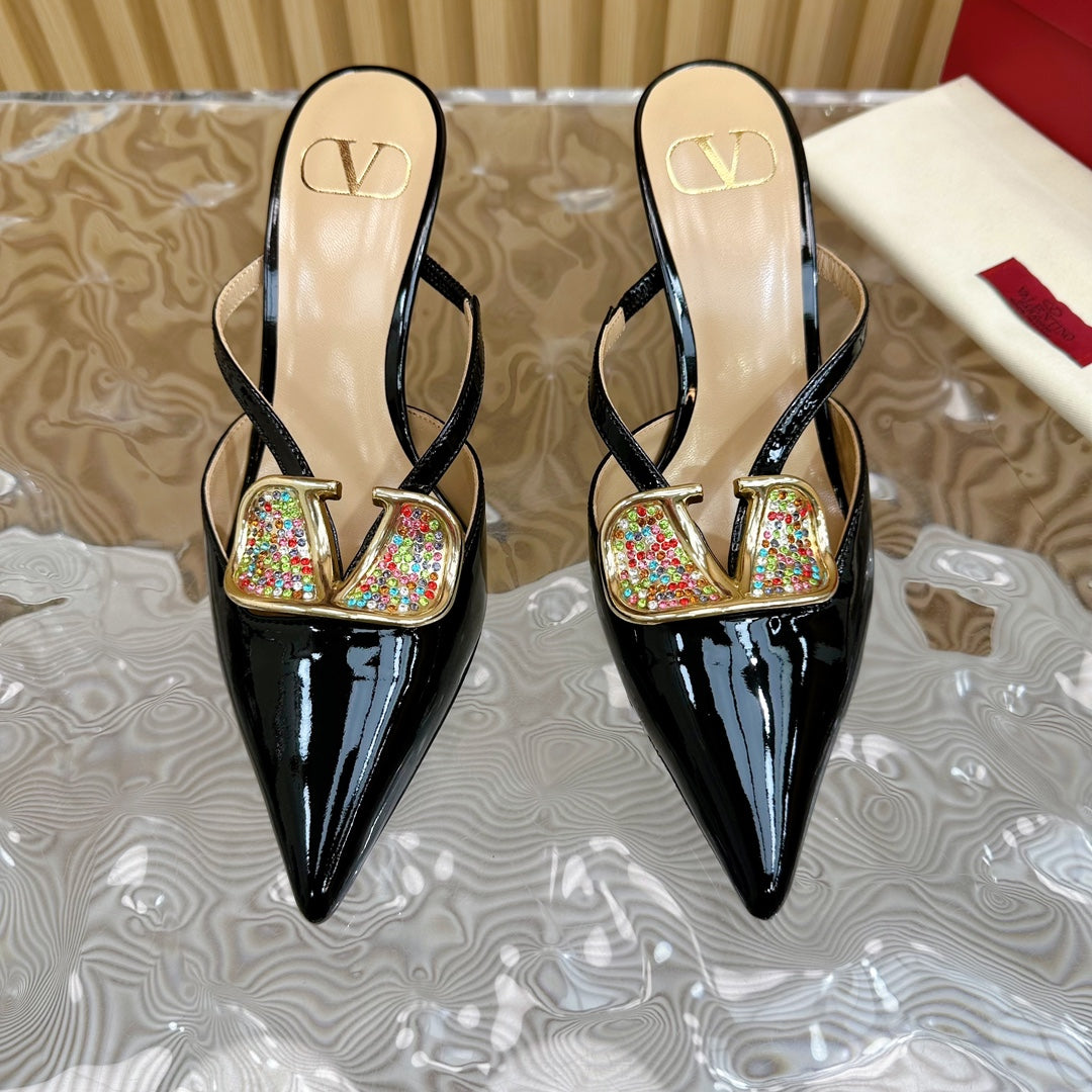 Vlogo Signature with Crystals Cut-Out Slingback Pump 70 Black Beige Calfskin