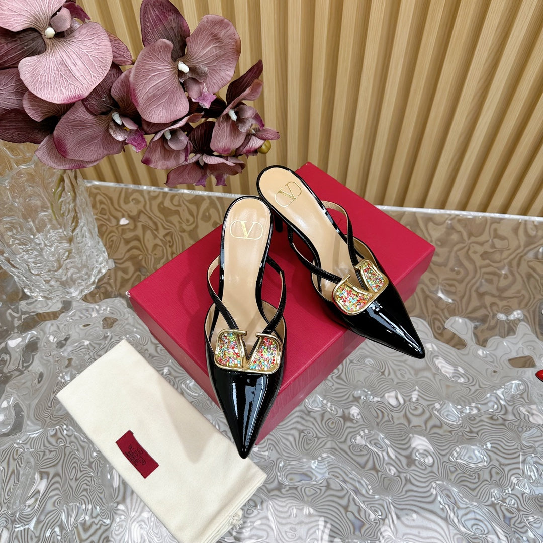 Vlogo Signature with Crystals Cut-Out Slingback Pump 70 Black Beige Calfskin