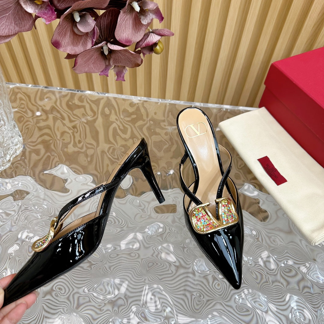 Vlogo Signature with Crystals Cut-Out Slingback Pump 70 Black Beige Calfskin