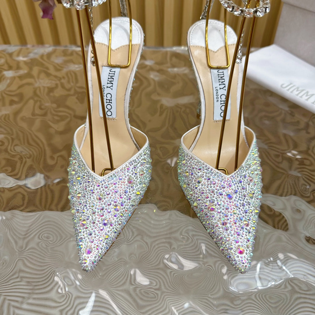 Jimmy Saeda 100mm In White Silver Satin Pumps With Crystal Embellishment 641056