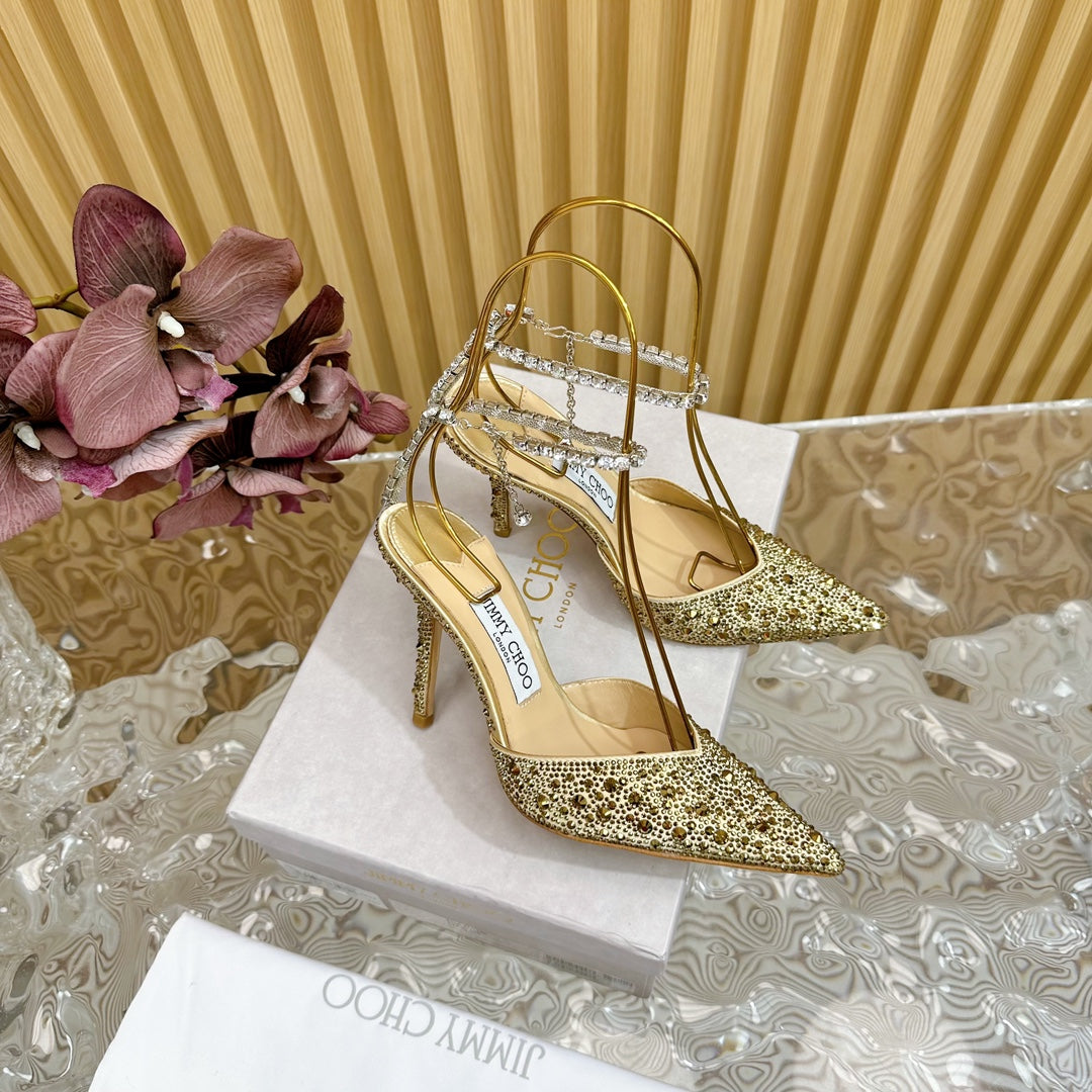 Jimmy Saeda 100mm In Gold Satin Pumps With Crystal Embellishment 641064