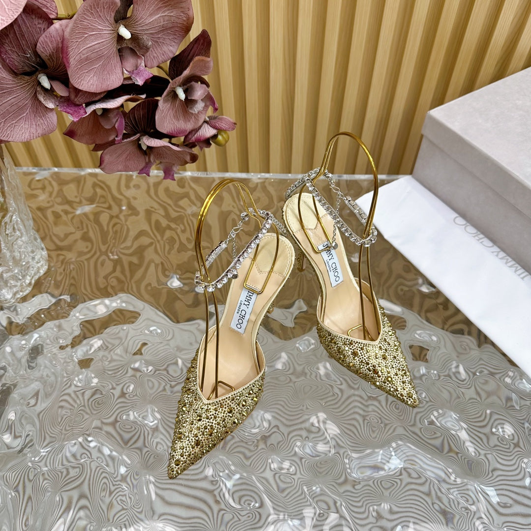 Jimmy Saeda 100mm In Gold Satin Pumps With Crystal Embellishment 641064