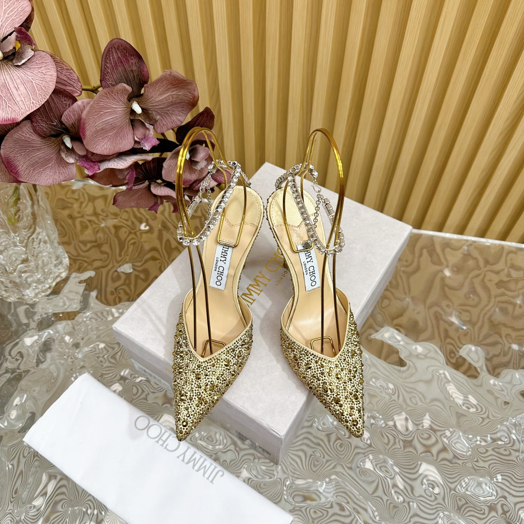 Jimmy Saeda 100mm In Gold Satin Pumps With Crystal Embellishment 641064