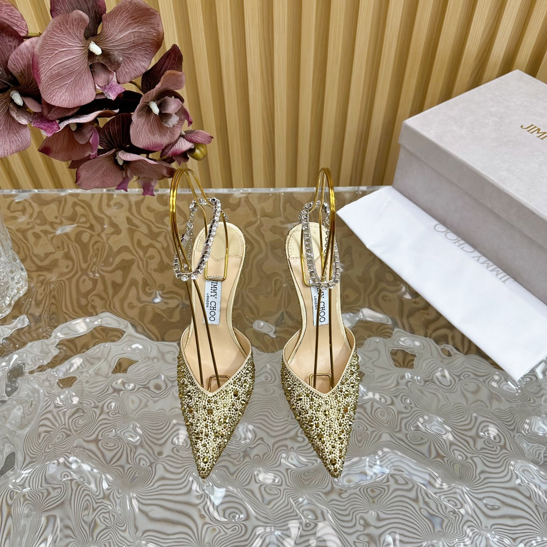 Jimmy Saeda 100mm In Gold Satin Pumps With Crystal Embellishment 641064