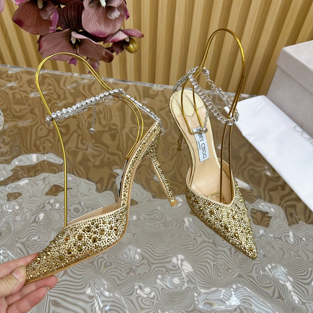 Jimmy Saeda 100mm In Gold Satin Pumps With Crystal Embellishment 641064